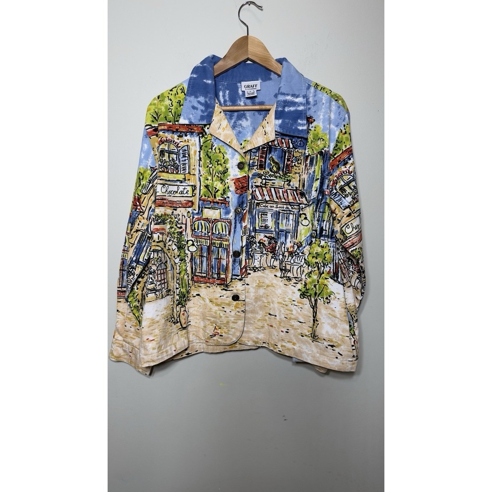 GRAFF Womens L Cotton Denim Jacket Novelty French Paris Street Scene Beaded